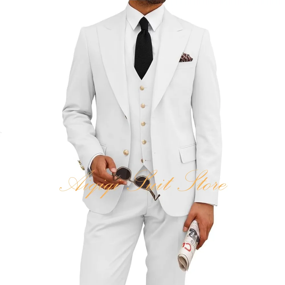 

3 Pieces Suits for Men Slim Fit Gold Button Blazer Vest Pants Suit for Men Wedding Prom Party