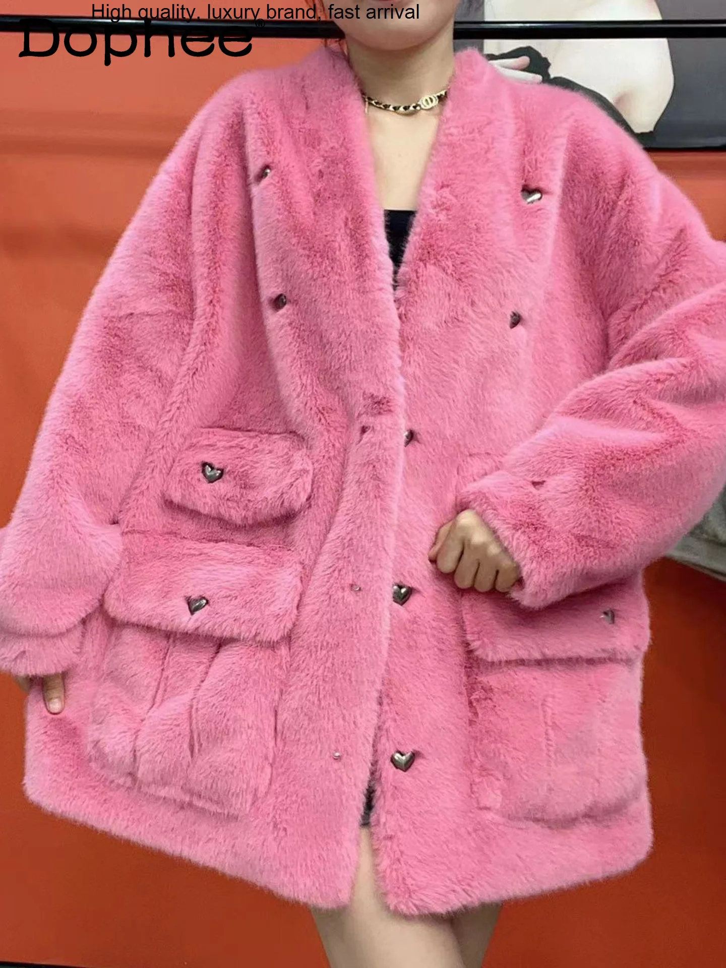 Manteau de vison rose épais haut de gamme à la mode, mi-long chaud, col en v, manches longues, veste en fourrure ample, 2023, nouveaux vêtements d'hiver