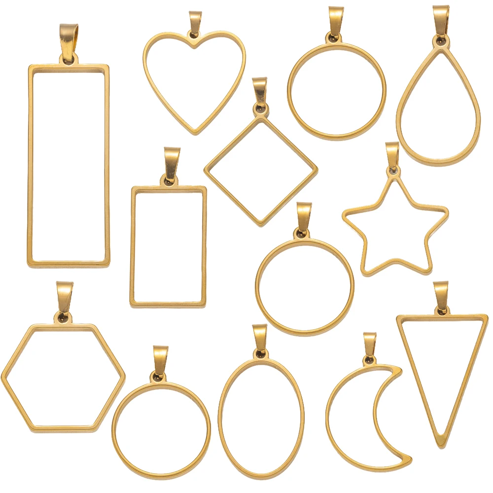 Colgantes de marco hueco de acero inoxidable, 5 uds., con Clip, biseles artesanales de resina, moldes de joyería para collares DIY, suministros para hacer pendientes