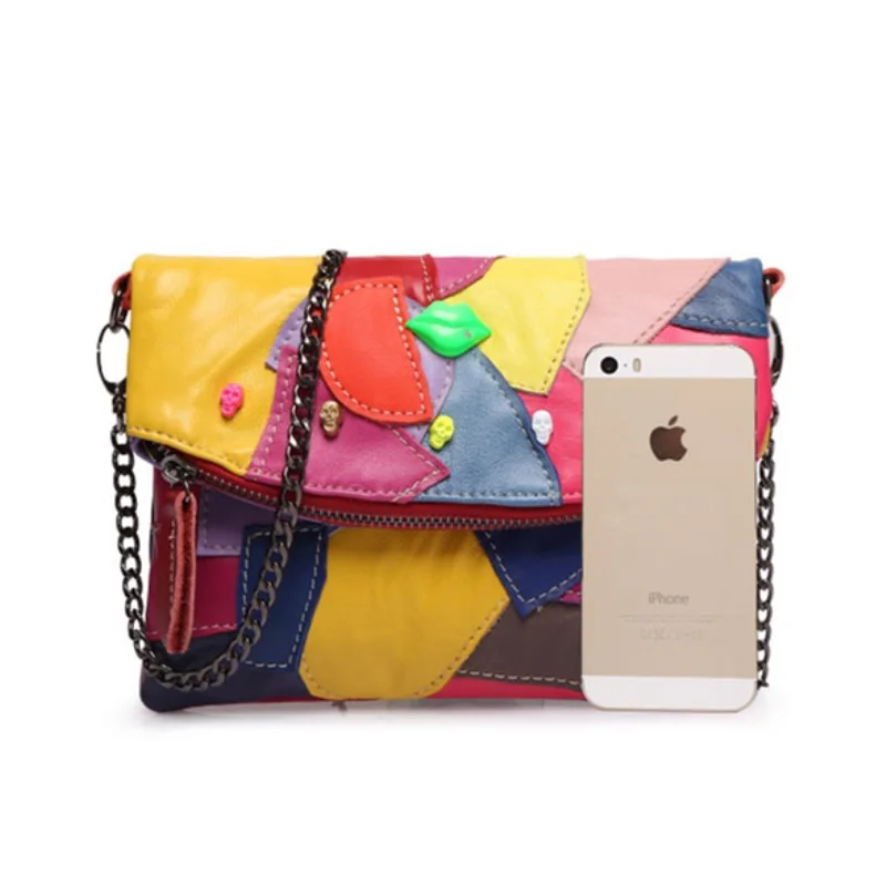 Women\'s Fashion Mini Soft Genuine Leather Sheepskin Colorful Patchwork Design Crossbody Shoulder Bag with Chain Strap