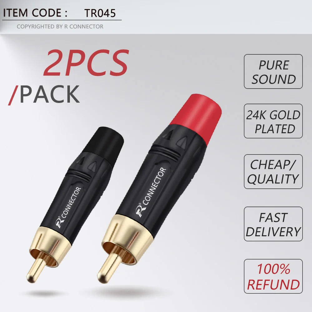 2PCS RCA Audio And Video Plug Connector RCA Male Lotus Jack Black Plating Electrophoresis With Gold Plated Head