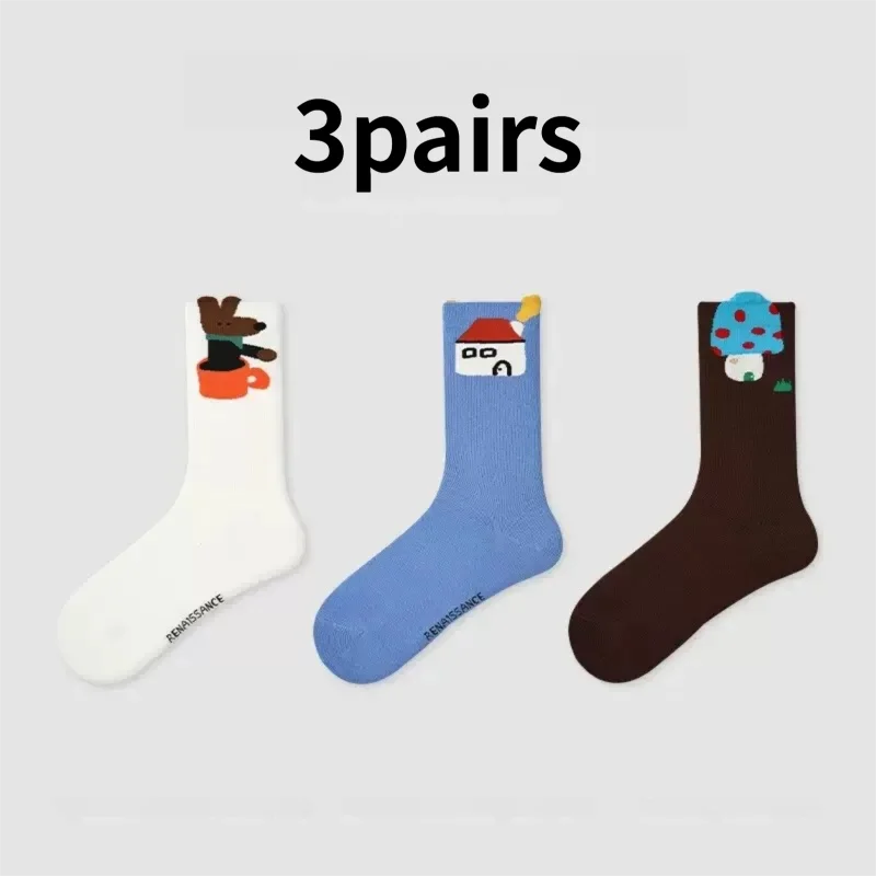 

He Ye 3 Pairs Autumn Winter Sports Breathable Solid Color Cotton Mid-Calf Socks with Puppy Design for Men and Women