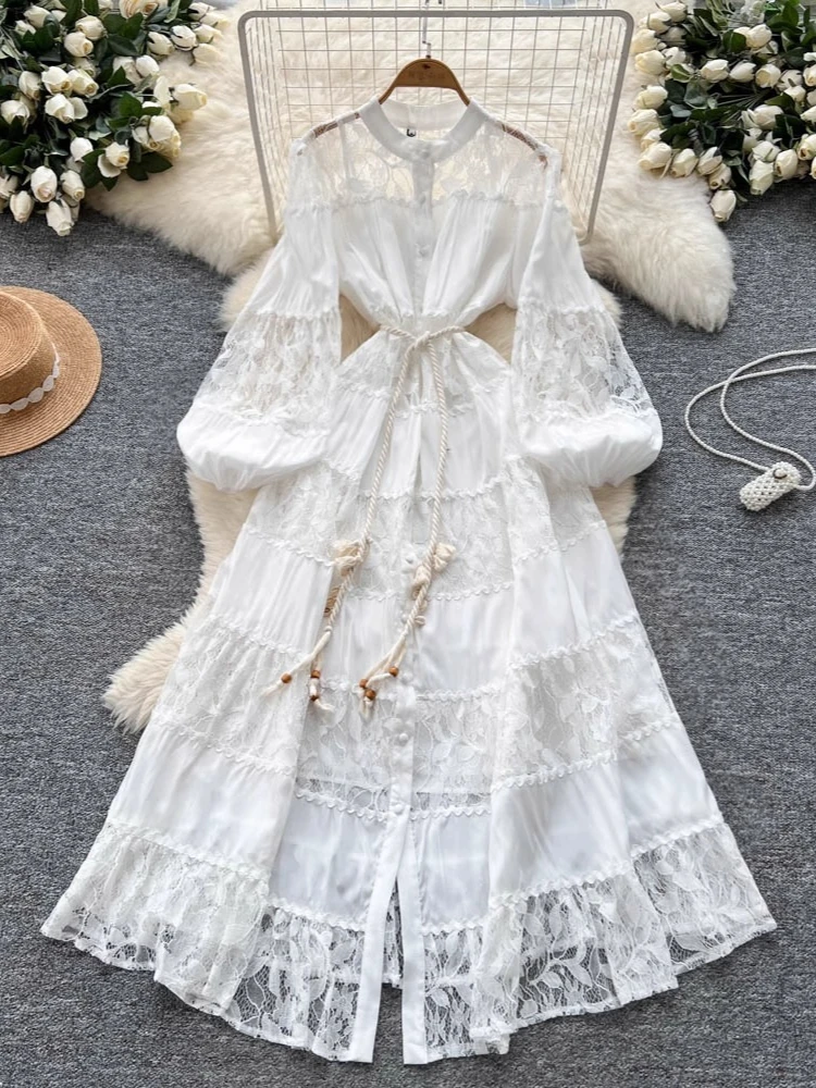 

2025 French Elegant Crochet Lace Splice Long Party Dresses Women's Stand Lantern Sleeve Linen Sashes Beach Holiday Loose Dresses