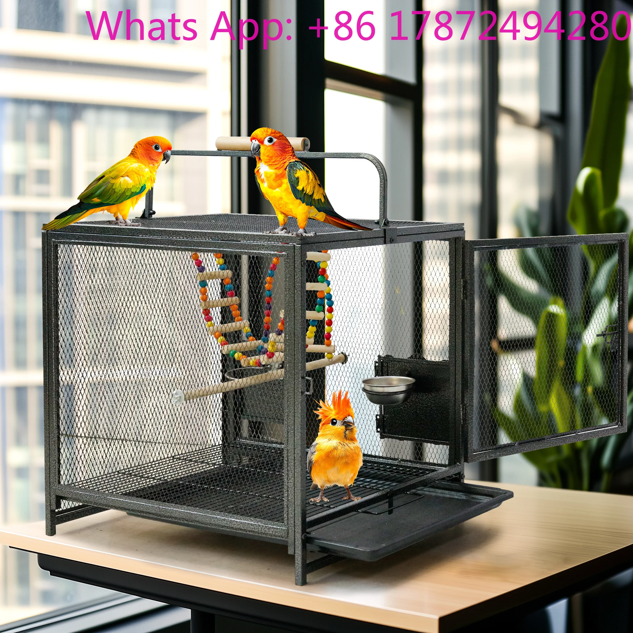 Wrought Iron Bird Travel Carrier Cage with Handle Wooden Perch & Seed Guard for Small Parrots Canaries Budgies Parro