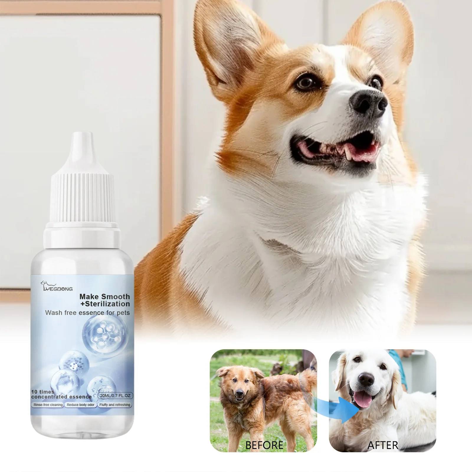 Yegbong Haustier-Waschfreies Flüssigserum: Langanhaltende Deodorierung, Feuchtigkeitspflege, Erfrischender Duft, Nährstoffversorgung, Weichmachung ohne Waschen für Hunde