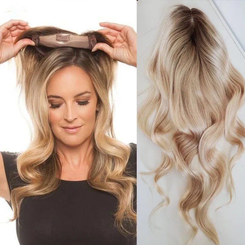 6-20Inch Ombre Kleur Menselijk Haar Topper Blonde Pu Mono Basis 100% Remy Haar Stuk Huid Clip In 4/613 Toupetje Haar Voor Vrouwen