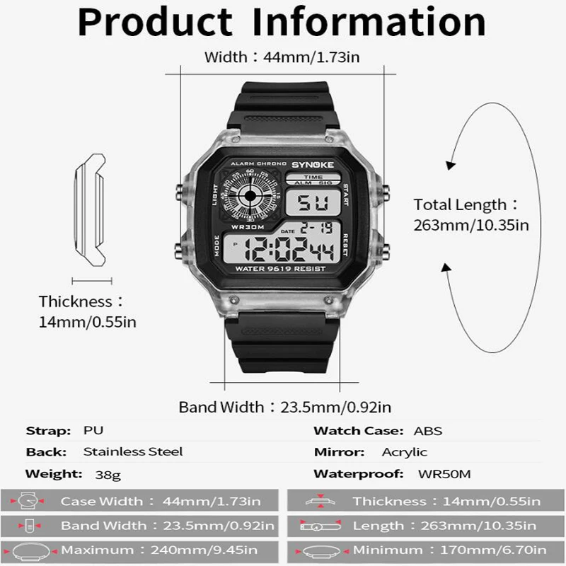 Synoke Shockproof Men's Sport's Watch Fashion 30M Waterproof Swimming Digital Wristwatch Colorfully Led Light Male Alarm Clock