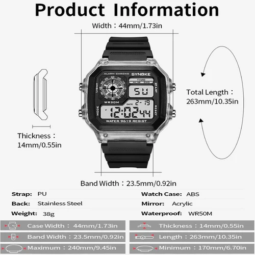 Imagen 2 del producto Reloj deportivo Synoke a prueba de golpes para hombre, reloj de pulsera Digital resistente al agua hasta 30M, reloj despertador masculino con luz Led colorida