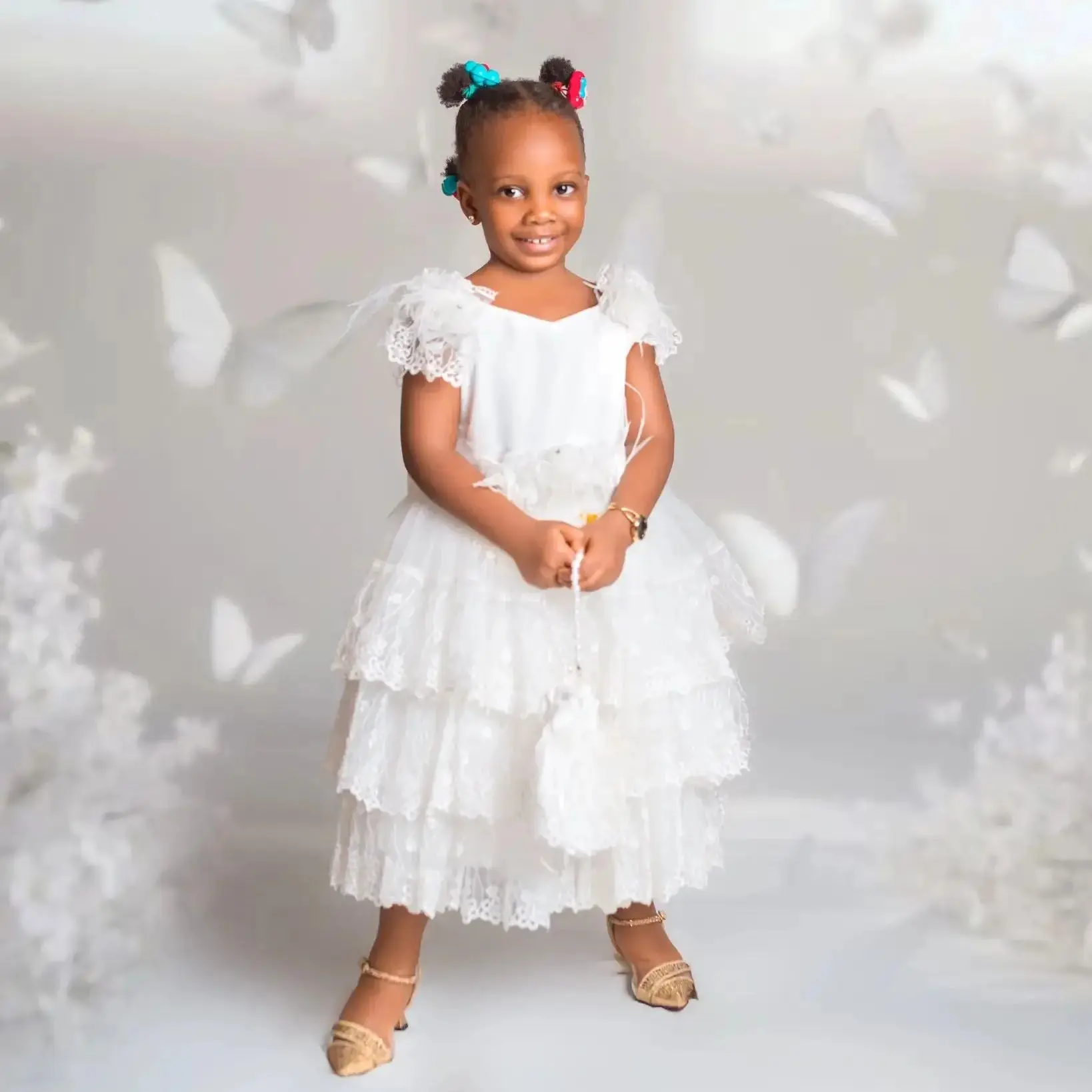 Customized White Flower Girl Dresses for Wedding Feather Lace Appliques Layered First Communion Baby Kids Birthday Party Gowns