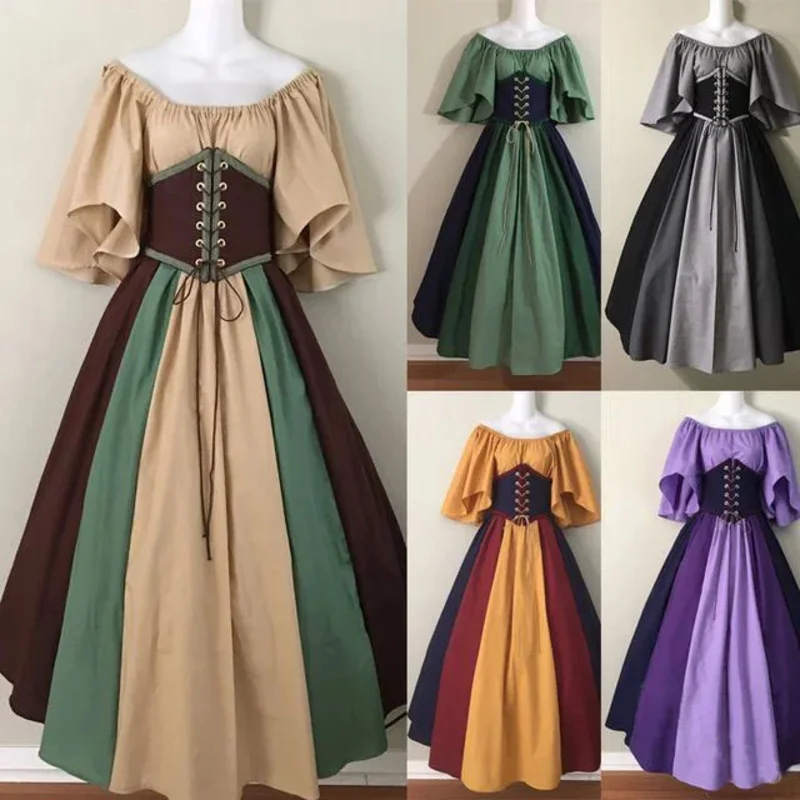 Women European Medieval Costume Fancy Vampire Cosplay Costume Carnival Vintage Corset Gothic Renaissance Flare Sleeve Dress