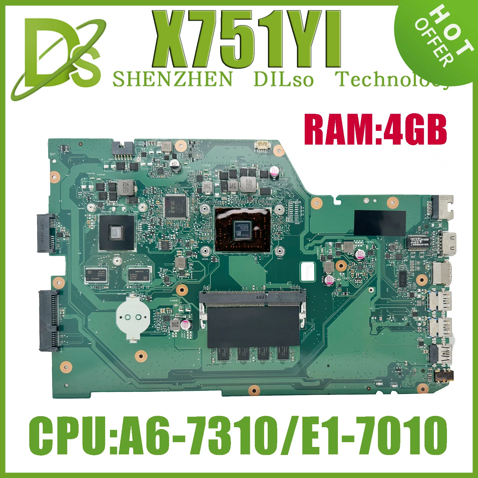 KEFU X751YI Mainboard For ASUS X751BP X751Y K751BP X751B Laptop Motherboard With A6-7310 E1-7010U 4GB-RAM 100% Working Well