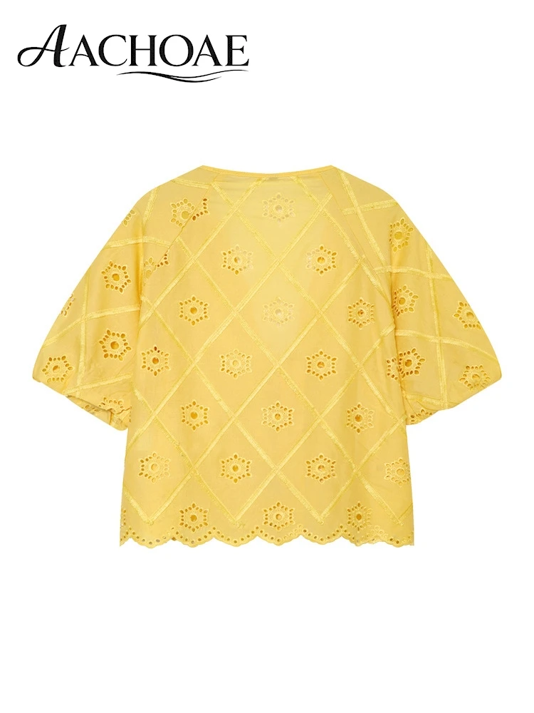 AACHOAE Women Boho Eyelet Embroidered Cotton Blouse V Neck Tie Front Scallop Hem Short Sleeve Crop Top Casual Summer Shirt