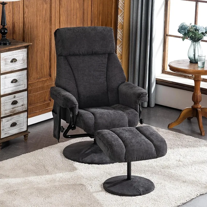 Swivel Recliner with Ottoman, Chenille Fabric TV Chair with Vibration Massage, Ideal for Small Space, Living Room & Bedroom