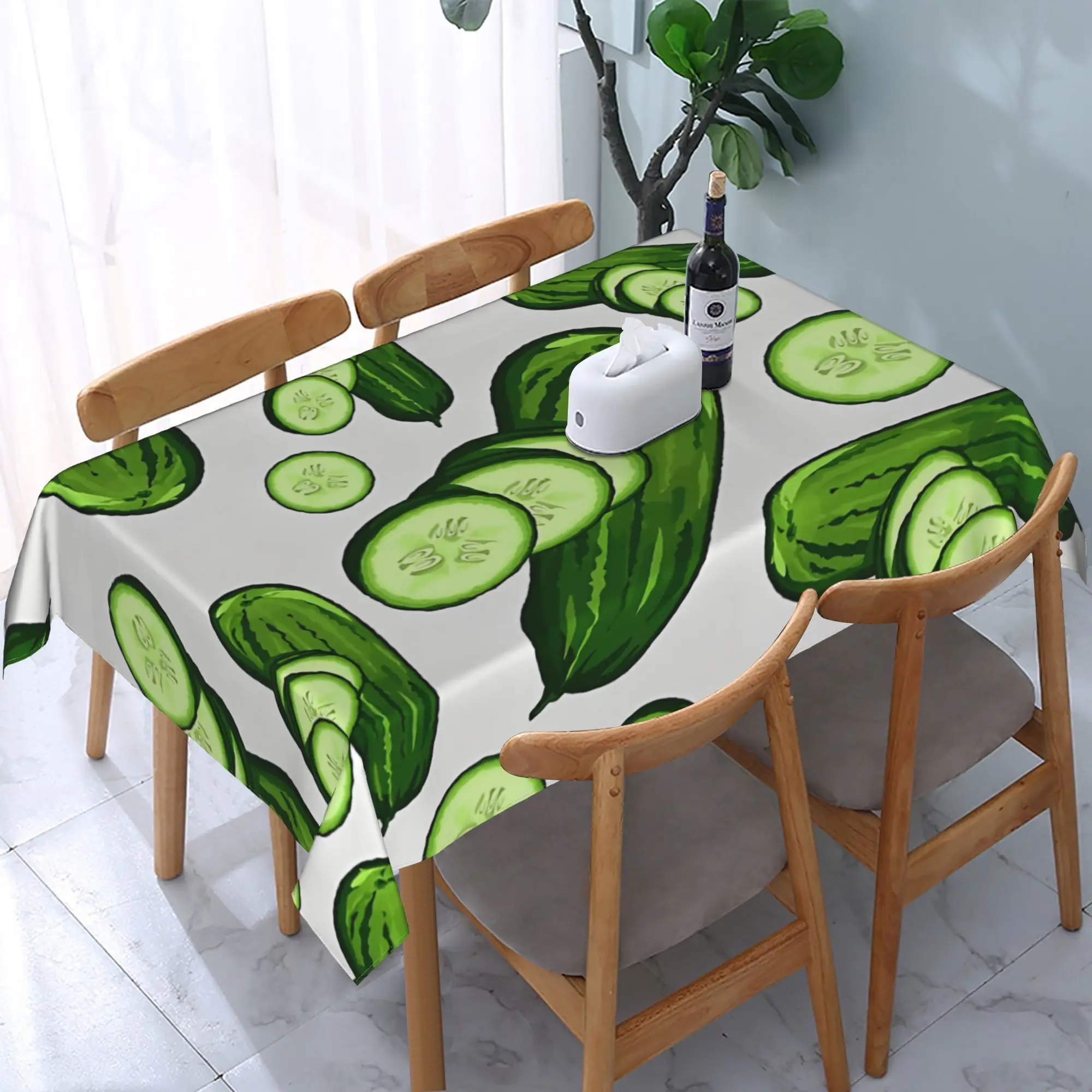 Green Cucumber Tablecloth, White Base With Hand Drawn Cucumber Vegetable Pattern, Waterproof Table Cover for Party & Daily Use