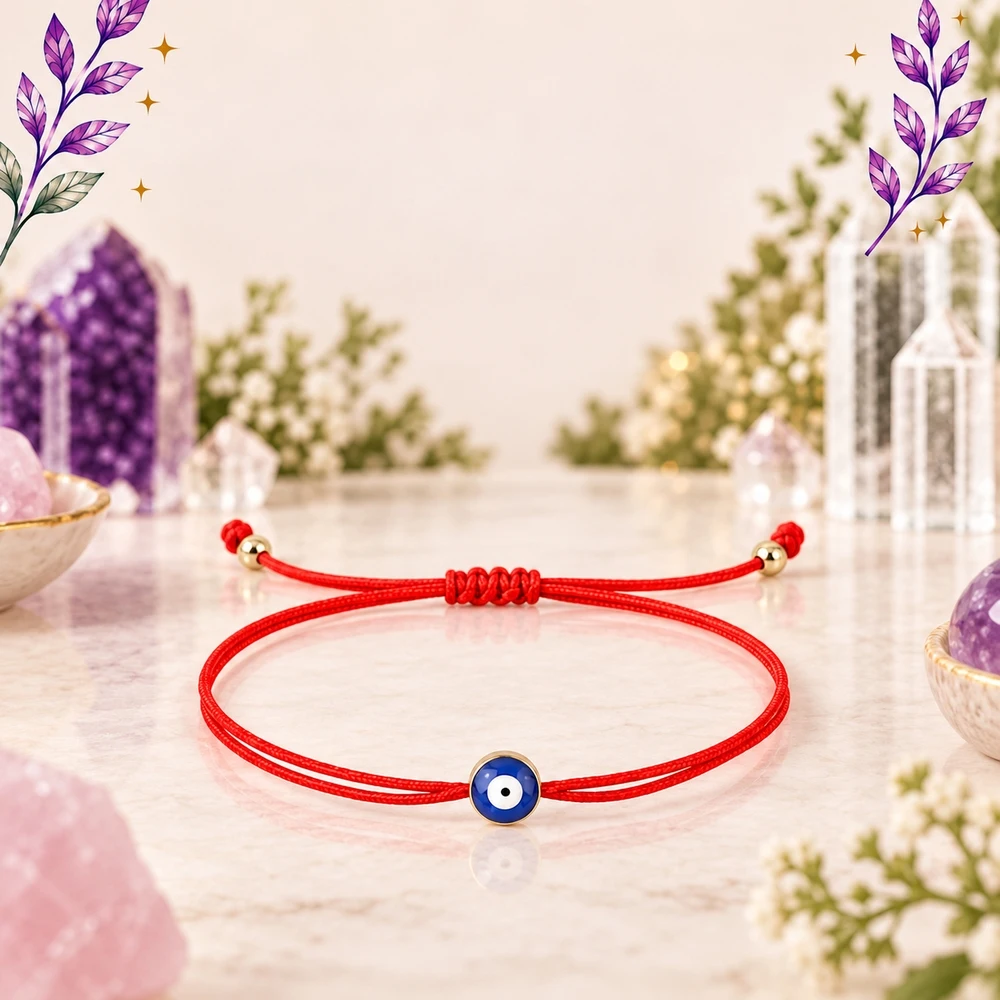 1pc Red Adjustable Cord Bracelet with Blue White Evil Eye Round Bead Golden Accent Sliding Knot Closure Minimalist Unisex