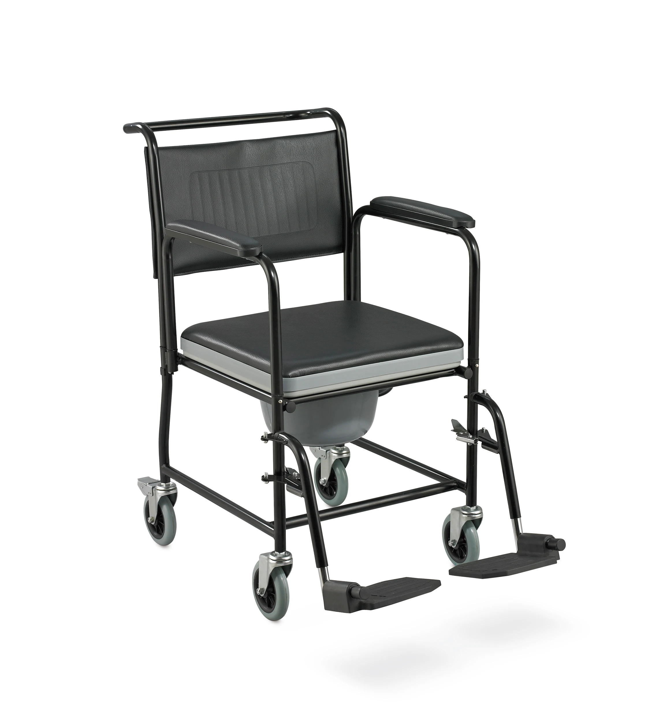 Black Steel Adjustable Folding Commode Chair with Wheels, Bathroom Safety, CE ISO UKCA Certified, Elderly Disabled Use