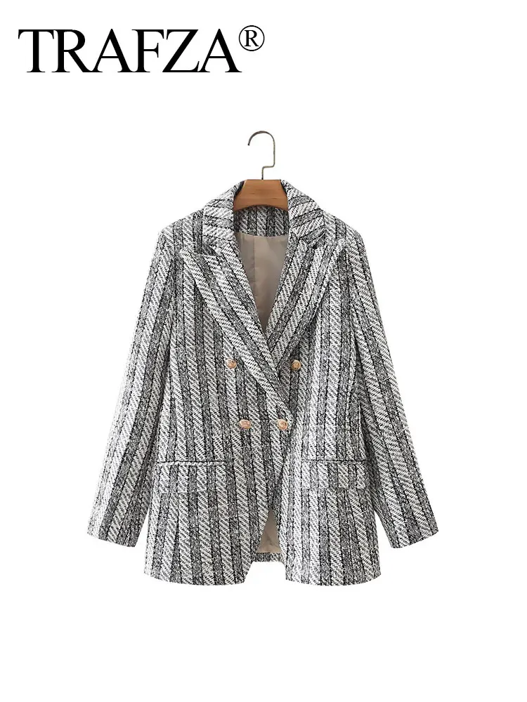 

TRAFZA 2024 Spring Women's Dark Gray Plaid Blazer Pockets Long Sleeves Metal Buttons Double Breasted Female Vintage Trendy Coat