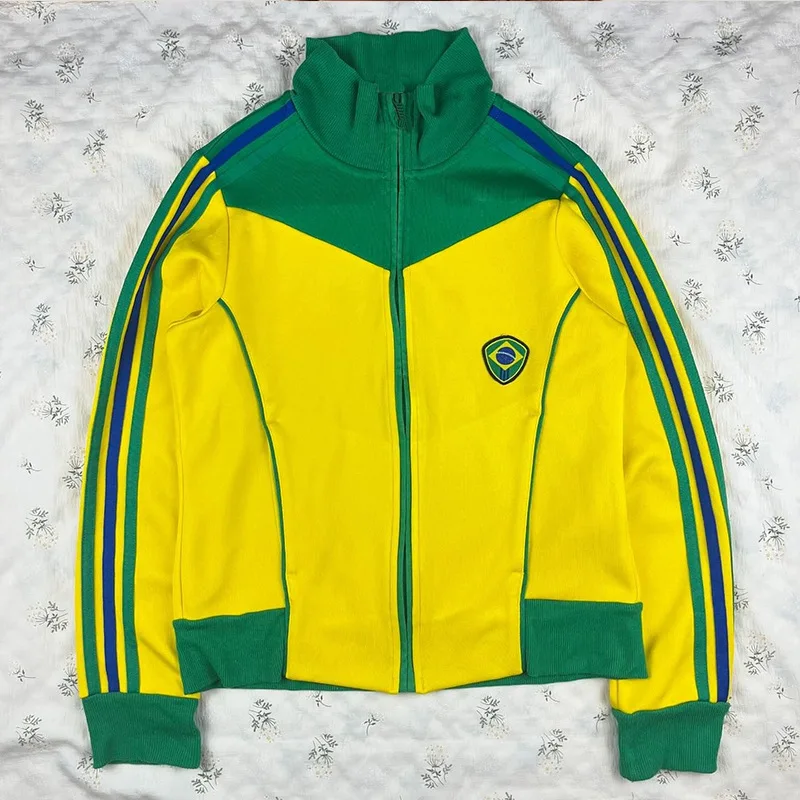 Jaket bordir Brasil jaket kardigan ritsleting pria wanita, Fashion Hip Hop Retro olahraga jalanan populer wanita pria longgar