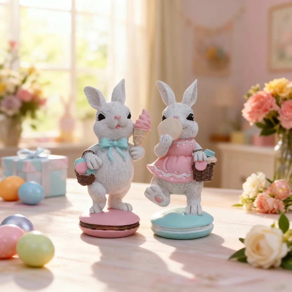 Pastel Colored Resin Rabbit Holding Macaron Cake For Home Office Window Sill Decoration With Playful And Cozy Vibe