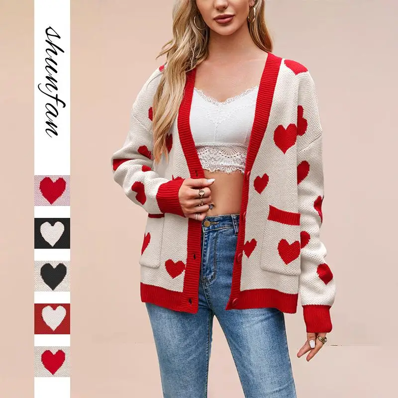 

New Cross-border ort Coat V-ne ket Vntine's Day Love Heart Peach Blossom Open Cardigan Women's Thi Winter Outerwear