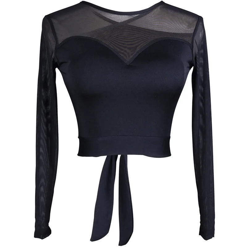 Women Latin Dance Top Autumn Long Sleeves Translucent Bind Hollow Out Sexy Female Stage Competition Ballroom Dancing Jacket