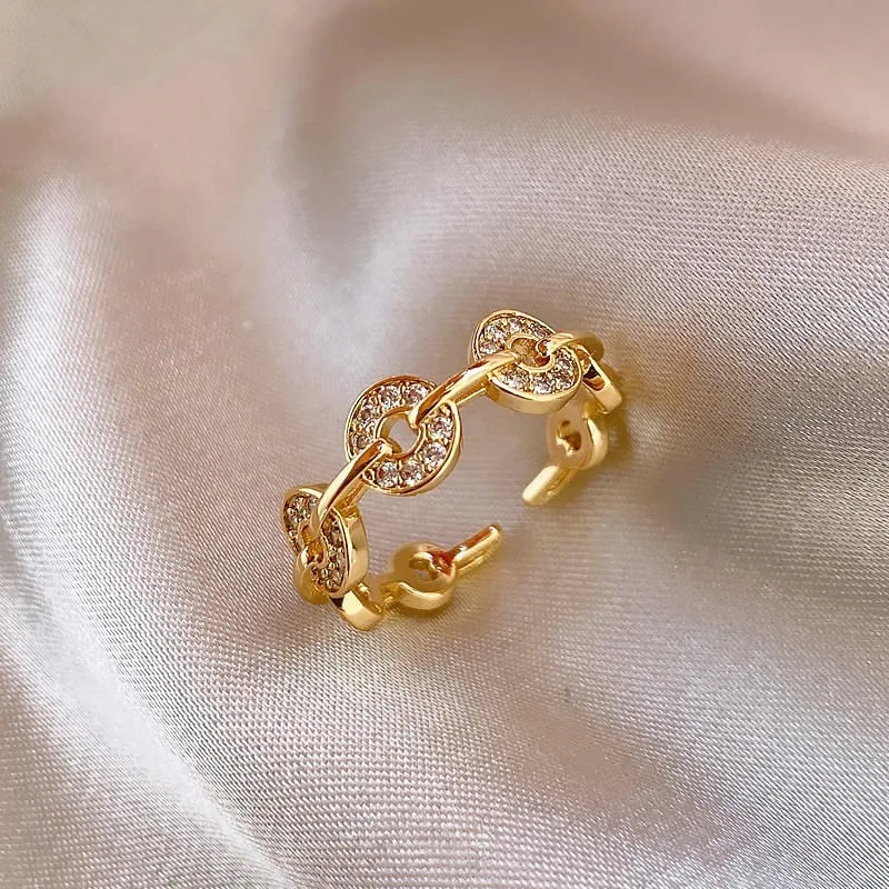 New Chinese Style Temperament 925 Sterling Silver Shiny Zircon Copper Coin Open Rings for Women Attract Wealth Currency Jewelry