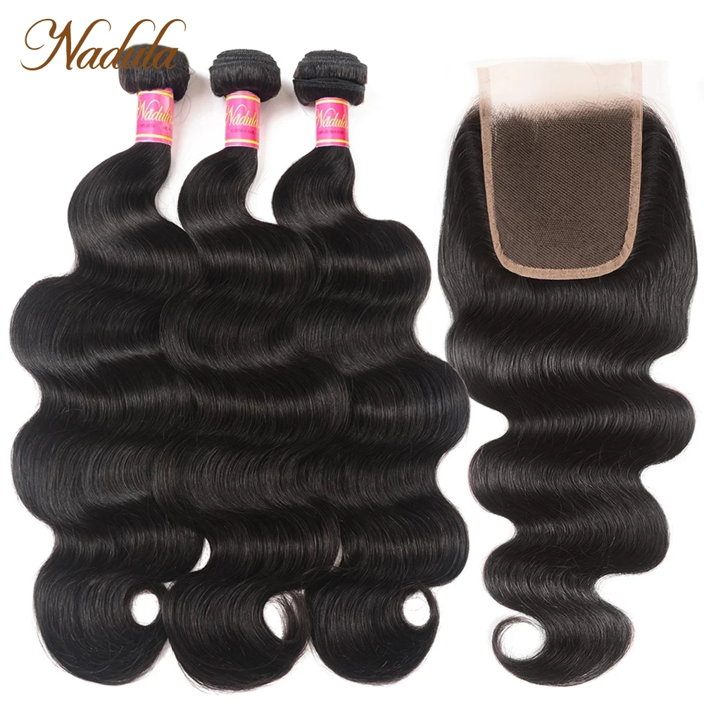 Nadula Body Wave Bundels Met 4*4 Gratis Deel/Middelste Deel/Drie Deel Vetersluiting Indian Haar remy Haar Bundels Met Sluiting