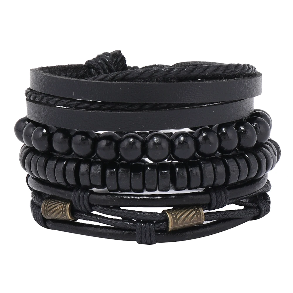 Bracciale Punk in pelle nera con perline per uomo