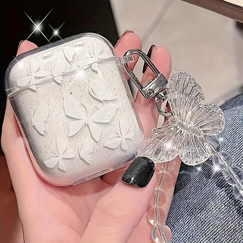 Crystal Butterfly Pendant Bead Bracelet Earphone Case For Apple Airpods 4 /3 For Airpods Pro/ Pro2 Earphone Case With Keychain