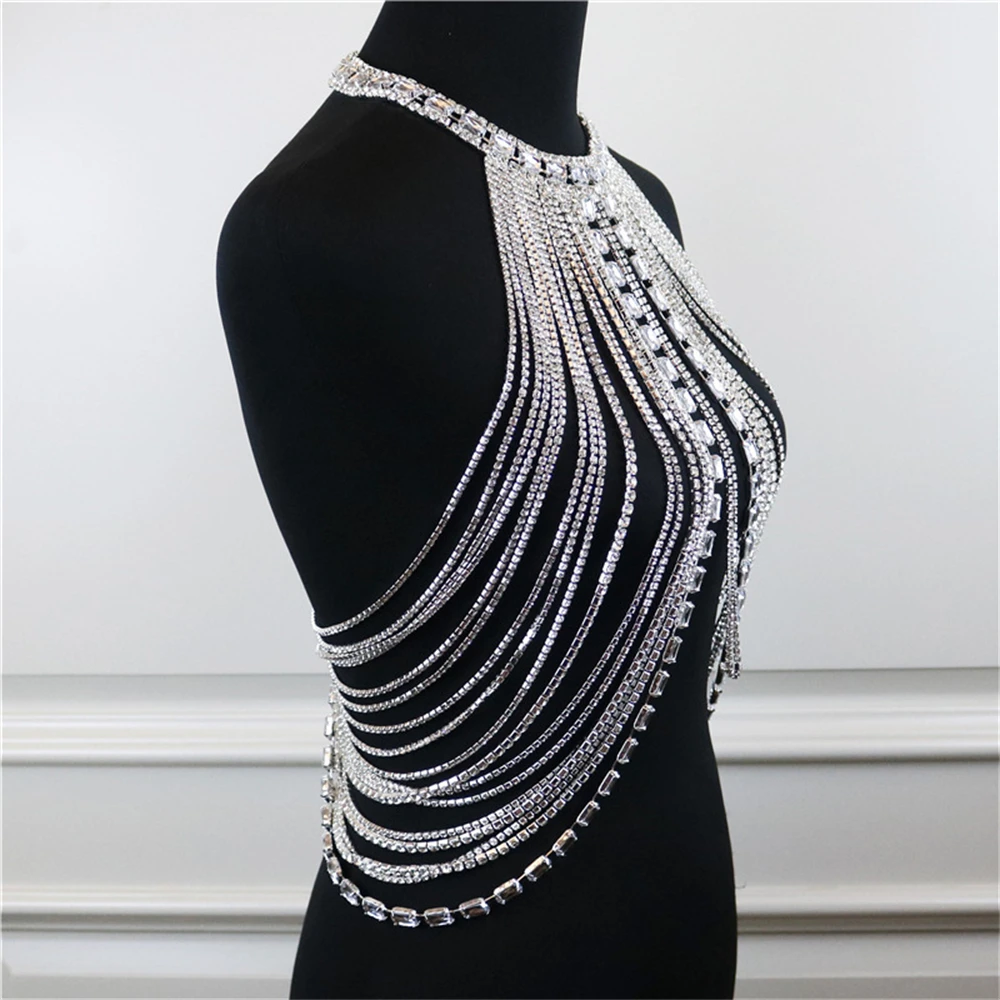 Personality Shiny Big Rhinestone Body Bra Chain Jewelry Exaggerated Fashion Banquet Party Crystal Bra Chain Jewelry Jewelry