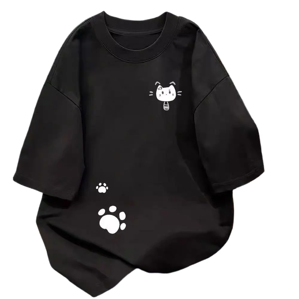 

New American pure cotton trend cat paw short-sleeved T-shirt mens and womens loose T-shirt