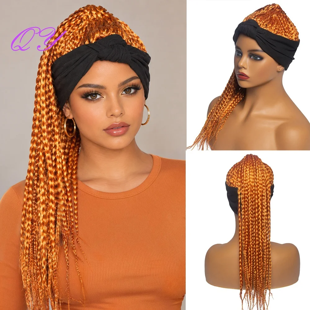 Solid Black Knotted Turban Headband Wig Wear And Go Synthetic High Temp Fiber Honey Blonde #27 Long Pre-braided Box Braids