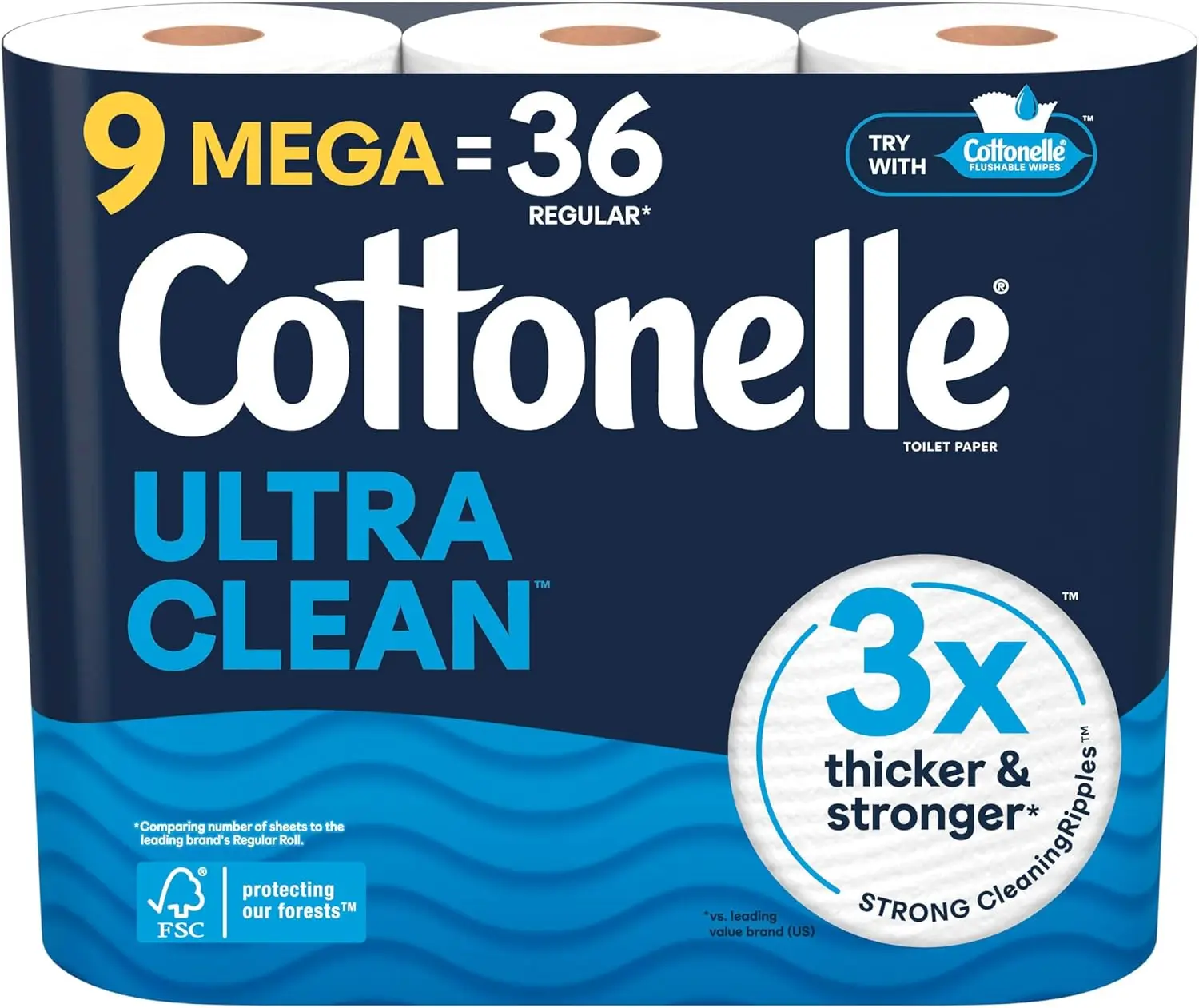 

Туалетная бумага Ultra Clean, 9 мегарулонов (эквивалент 36 обычных рулонов), прочная и безопасная для септиков.