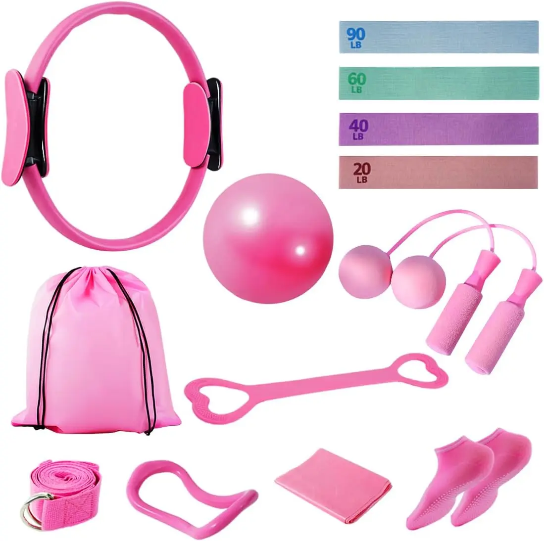 

Женский набор для пилатеса с кольцом, мячом, эспандерами, ремнем, веревкой и сумкой для домашних тренировок
