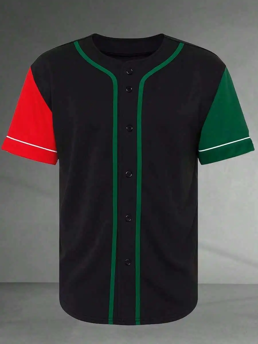 

Mens Black Baseball Jersey With Red Green Sleeves Button Up Short Sleeve Casual Sport Shirt