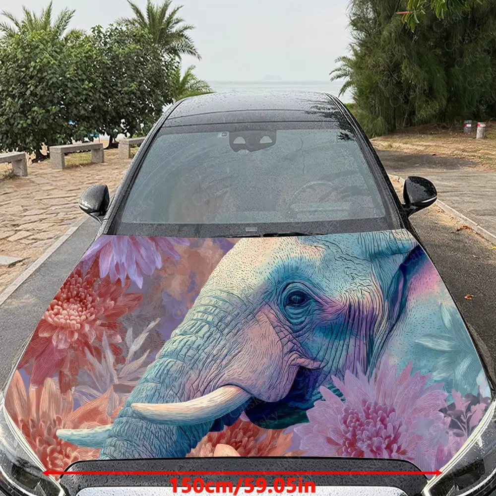 Car Decal Vibrant Artistic Design with Elephant Amidst Floral Elements in Colorful Style Car Hood Sticker, Waterproof Self - Adh