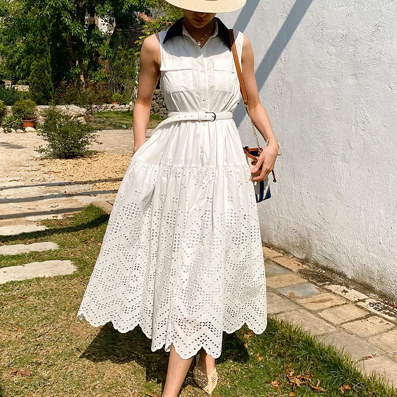 Sleeveless Eyelet Embroidered Midi Dress with Belted Waist & Shirt Collar Summer Vintage A-Line Women Dress Casual & Vacation