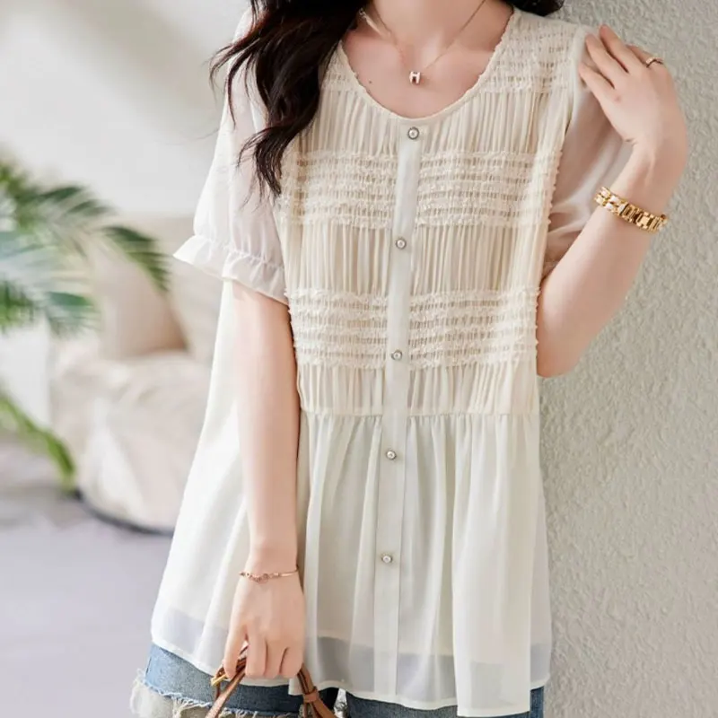 Stylish Solid Color Shirring Folds Shirt Summer Short Sleeve Casual Loose Spliced Women\'s Clothing Chic Button Round Neck Blouse