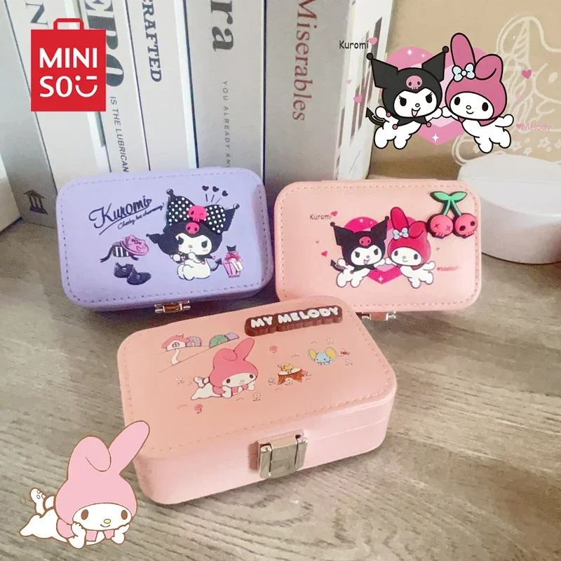 Miniso Cute Sanrio Cartoon Printed Melody Kuromi Leather Storage Box Capacity Interval Cosmetics Accessories Earnail Convenient