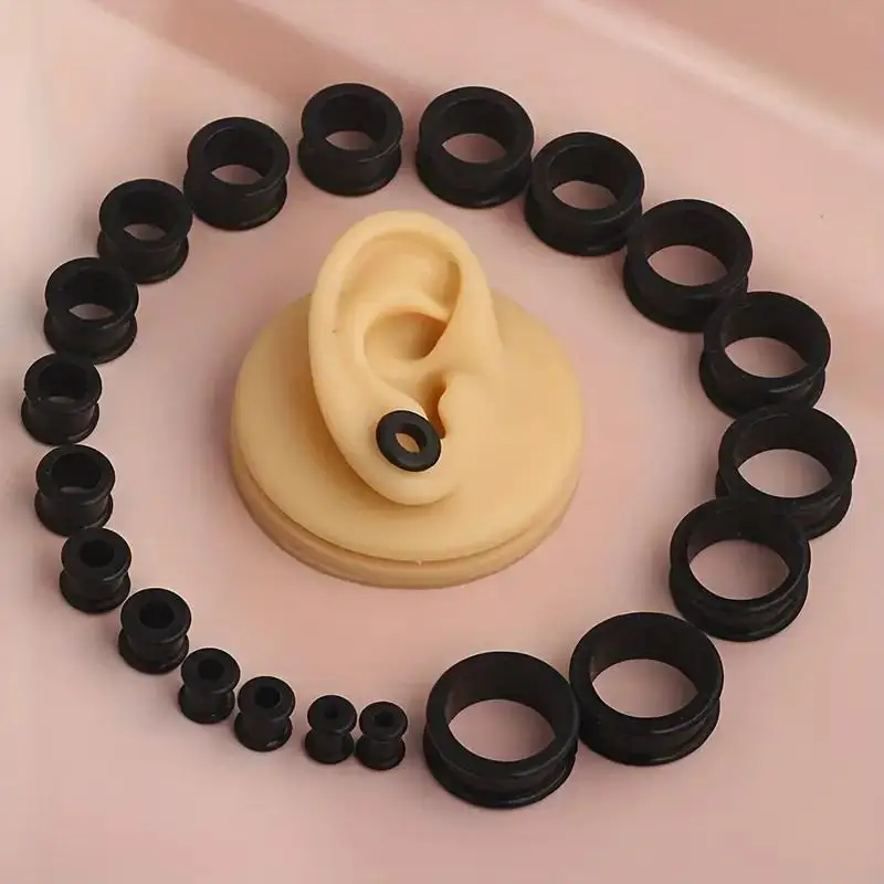 20pcs Hollow Black Silicone Ear Tunnels, Piercing Tunnel Set, Soft/Hard Silicone Flesh Ear Plugs