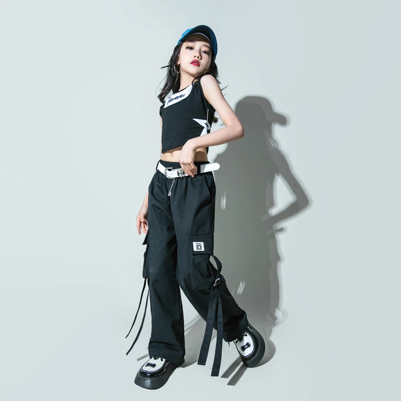 Hip Hop Girls T-shirt Street Dance Black Solid Cargo Pants Children Streetwear Crop Top Clothes Set Kids Sweet Jazz Costumes