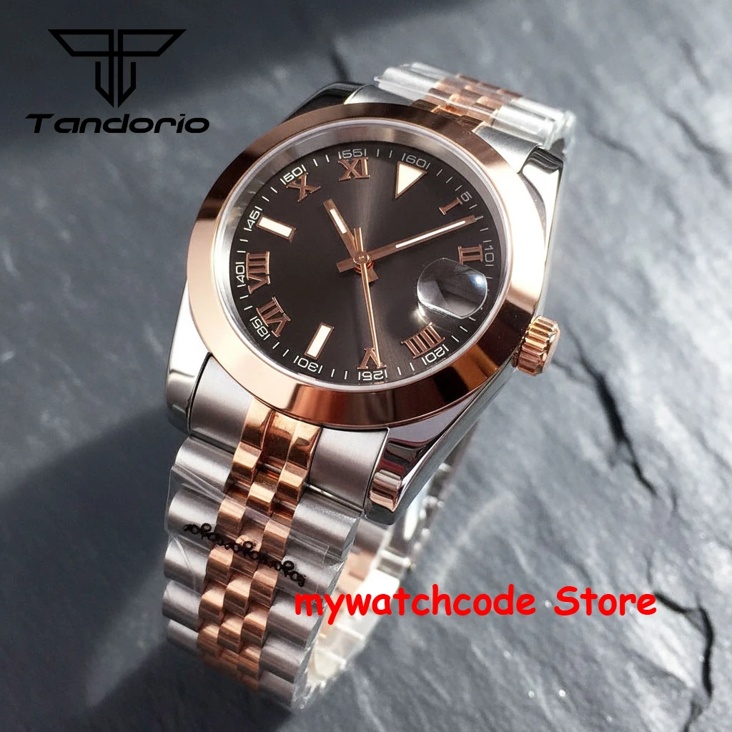 Tandorio Rose Gold Man watch Roman Numeral Dial Japan NH35A Movement Mechanical Watch Polish Bezel 36mm 39mm Glide Lock Bracelet