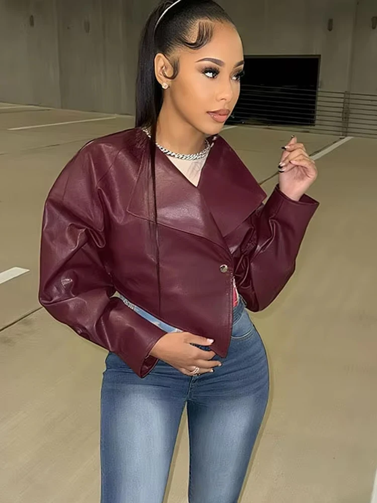 Seltsame Puss Single Button Crop Jacke Frauen Hipster Unregelmäßige Kunstleder Herbst Trend Wild Basic Sexy Cross Neck Streetwear Mantel