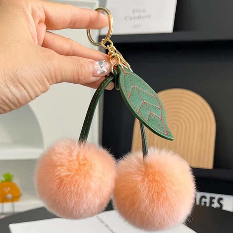 New Otter Rabbit Hair Cherry Multi-color Car Keychain Pendant Cute Pompom Doll Doll Bag Bag Hanging Key Chains for Women Gift