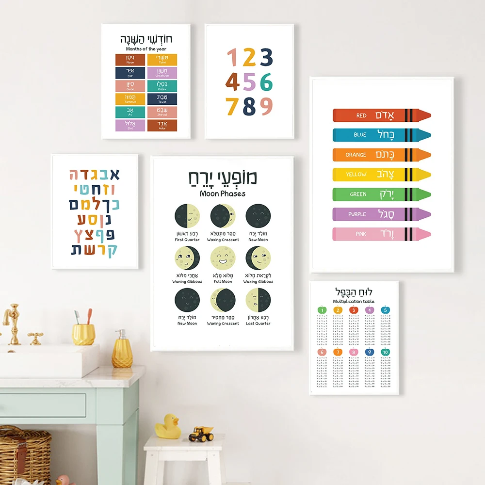 Hebrew English Bilingual Education Illustration Painting Colorful Quote Kidroom Wall Art Poster Nursery Child Canvas Study Print