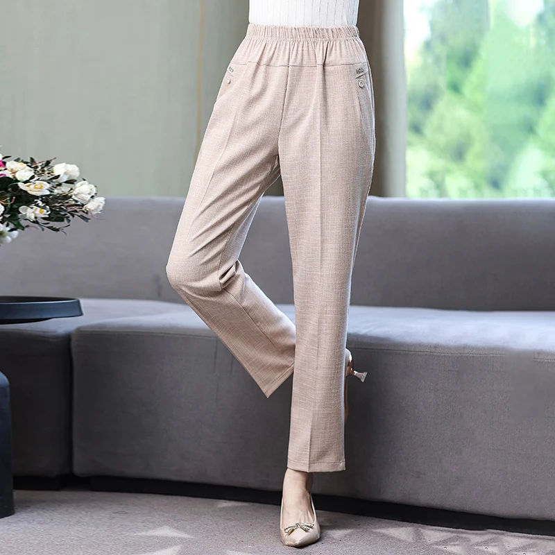 Summer Women Cotton Linen Pants High Waist Vintage Basic Black Pants Women's Summer Straight Elastic Waist Ankle-Length Trousers