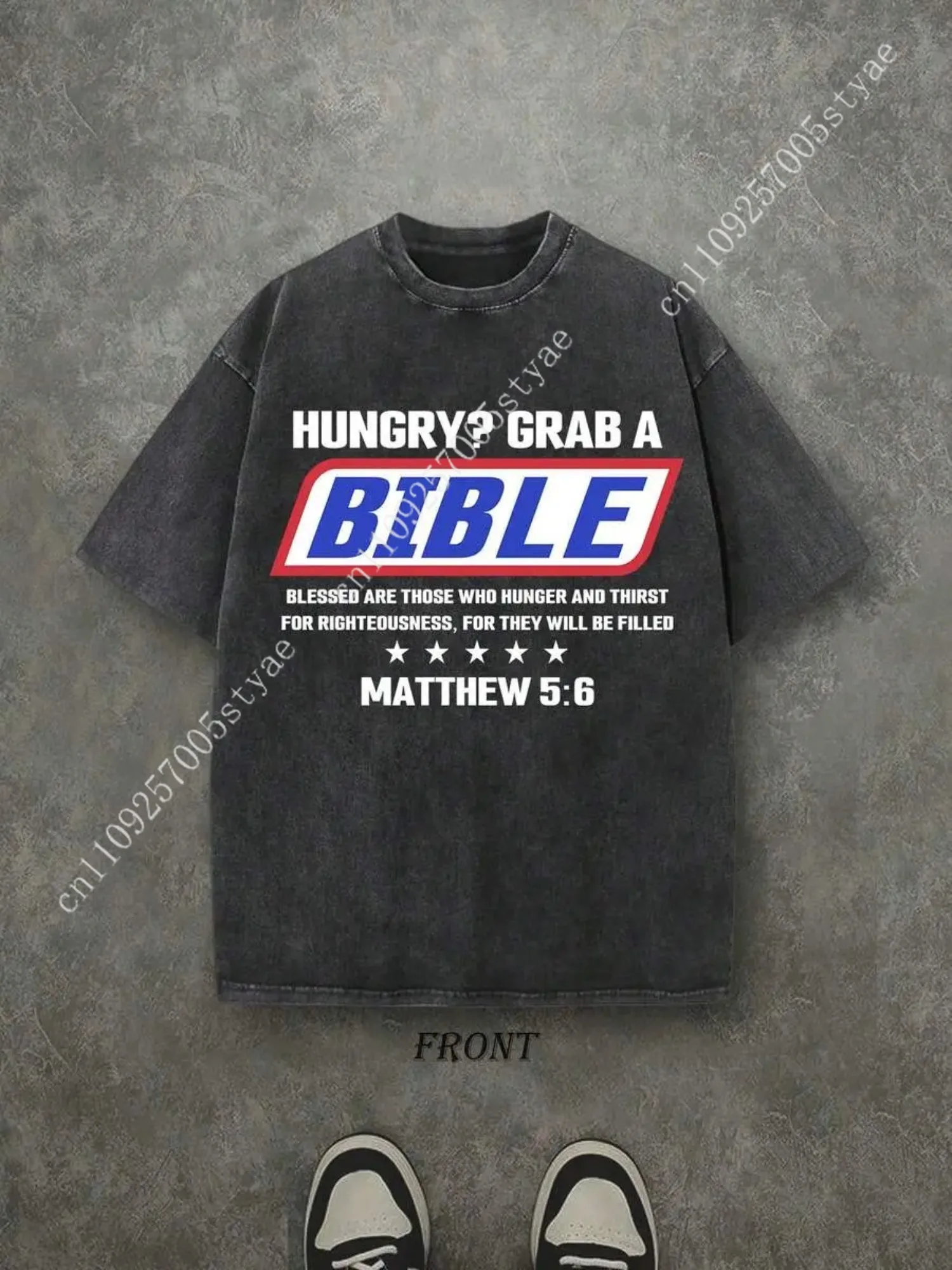 HUNGRY?GRAB A Unisex Washed Christian Shirt, Christian Scripture T-Shirt, Vintage Retro Washed Shirt Single-Sided Printed High Q