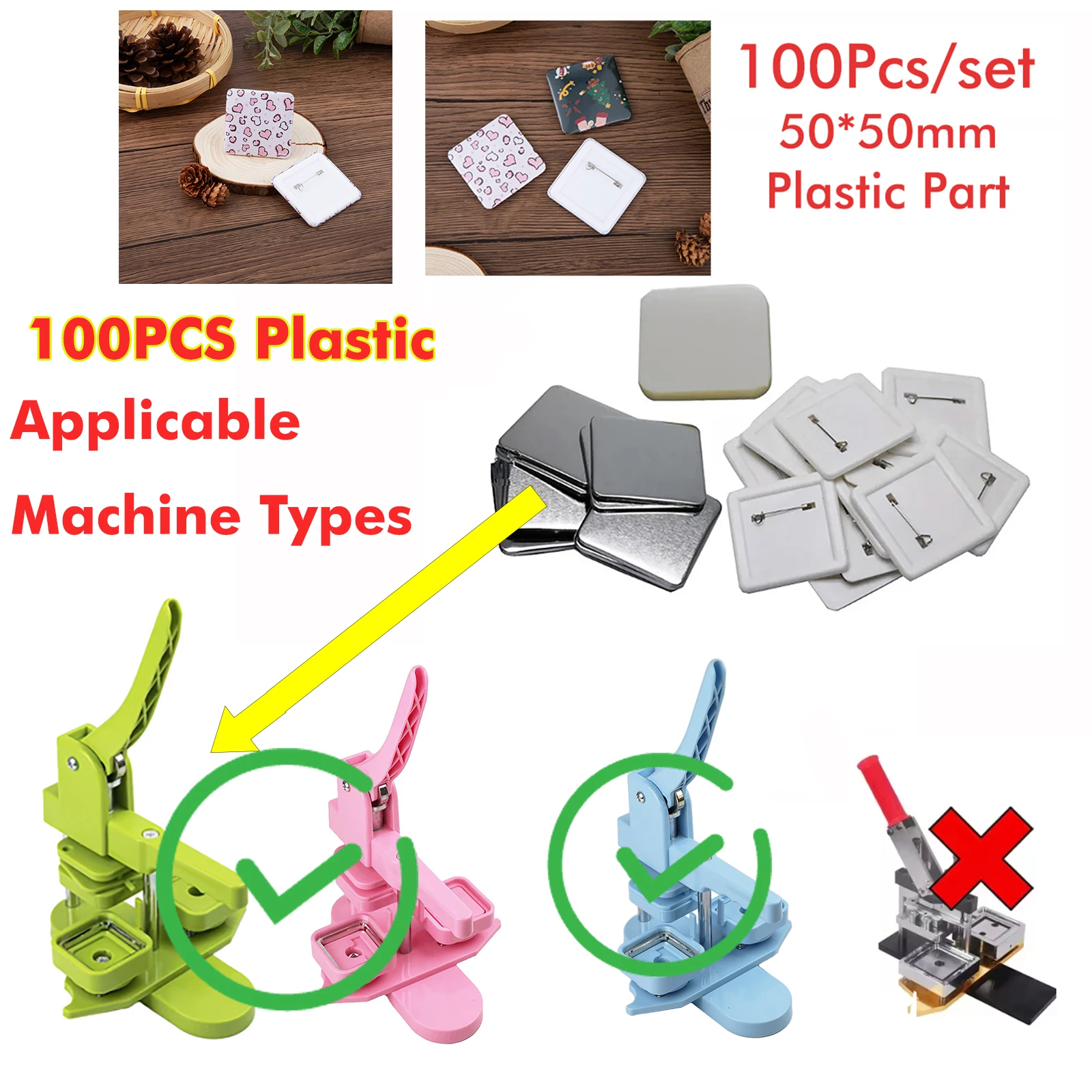 

50/100sets 50x50mm Square Refrigerator Badge Fridge Magnets/Badge Pins Making Material for Children DIY Decoration Consumables