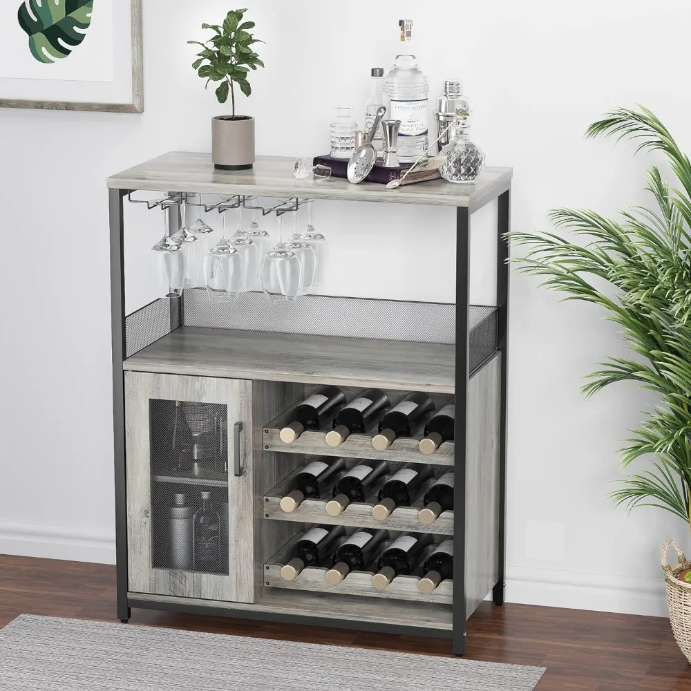 IDEALHOUSE 3-Tier Wine Bar Cabinet with Detachable Wine Rack and Storage Space, Buffet Cabinet with Glass Holder and Mesh Door,