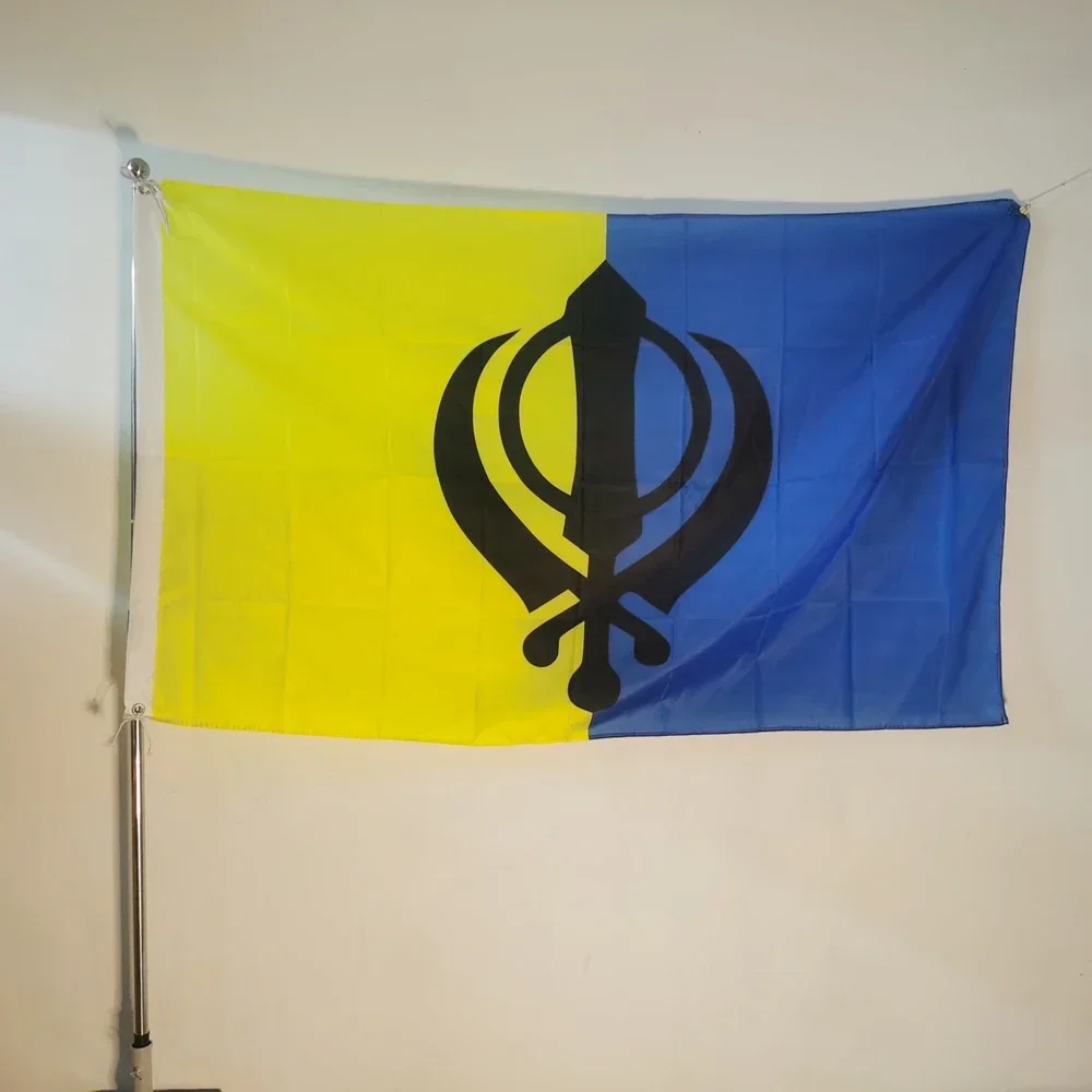 

Blue Yellow Sikh Flag 90x150cm - Indian Sikhism Religion Polyester Banner for Outdoor Garden Temple Decor